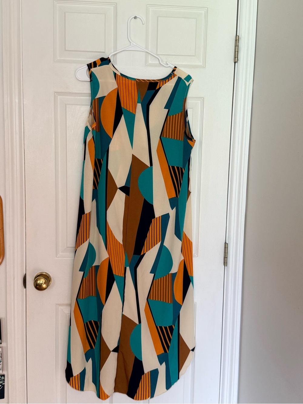 Sleeveless Geometric-Print Maxi Dress in Teal, Mustard & Cream